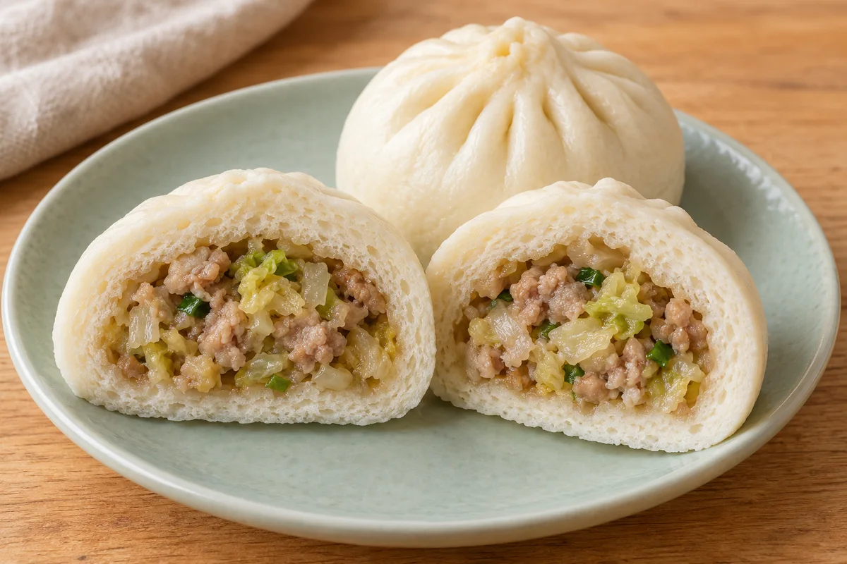 AI-generated editorial cross-section of a pork and napa cabbage baozi with a thick steamed-bread wrapper